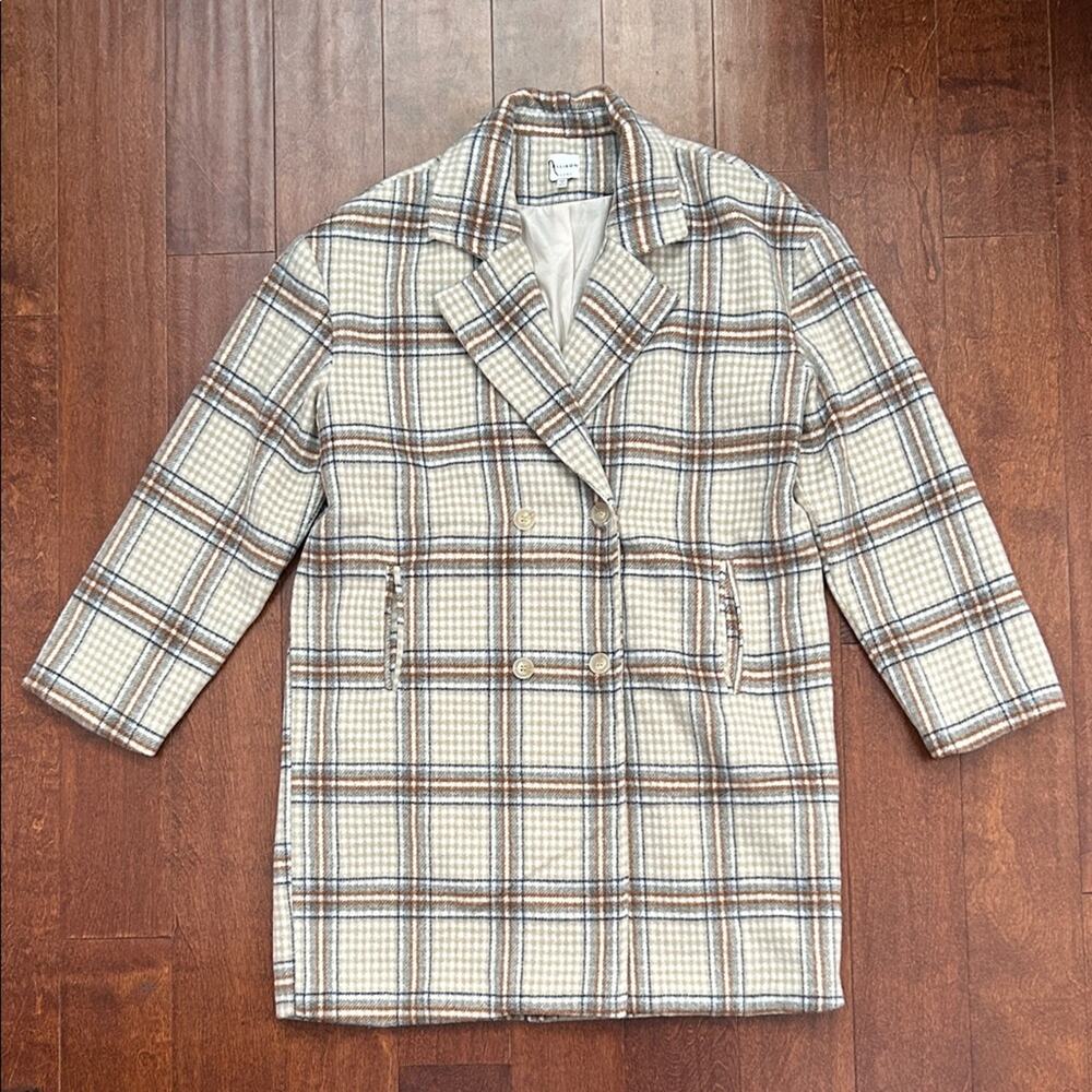 Ellison Checkered Double-Breasted Long Pea Coat, Wool Blend, Size Large